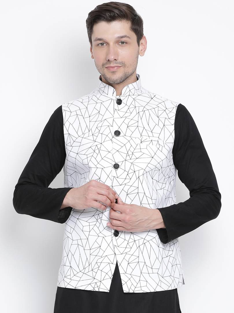 Men's White Cotton
 Printed Nehru Jackets